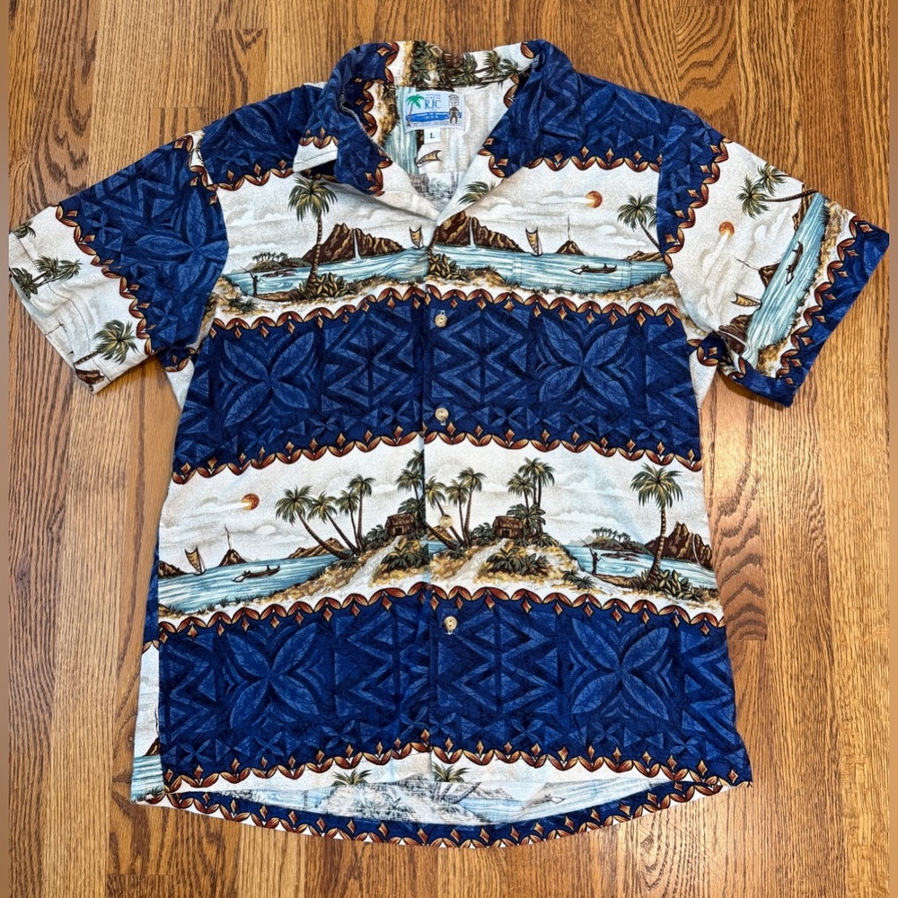 RJC Blue Hawaiian Aloha Short Sleeve Cotton Button Up Made in Hawaii Men's L